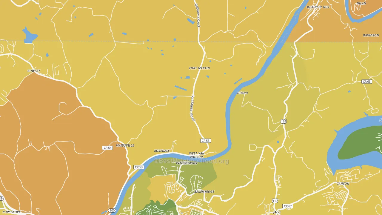 Map of the best neighborhoods in the West Van Voorhis area, with better matches in green and worse matches in red