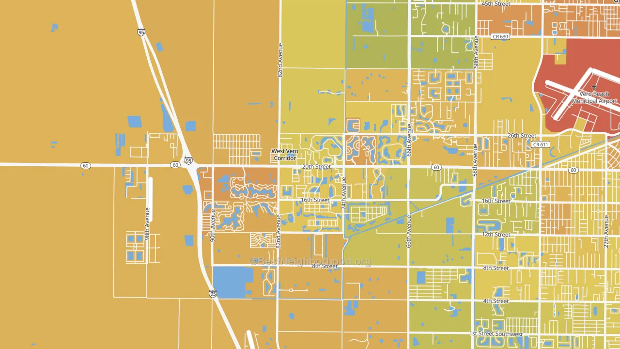 Map of the best neighborhoods in the West Vero Corridor area, with better matches in green and worse matches in red