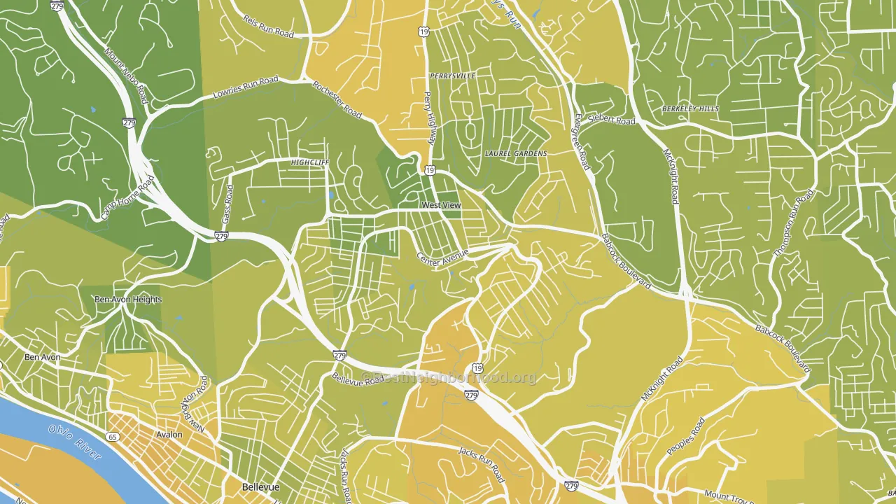 Map of the best neighborhoods in the West View area, with better matches in green and worse matches in red