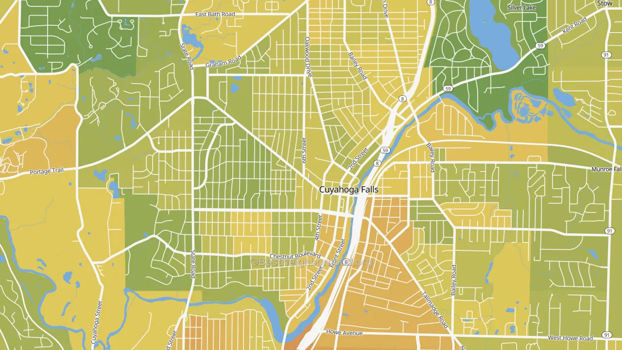 Map of the best neighborhoods in the West Village, Cuyahoga Falls area, with better matches in green and worse matches in red