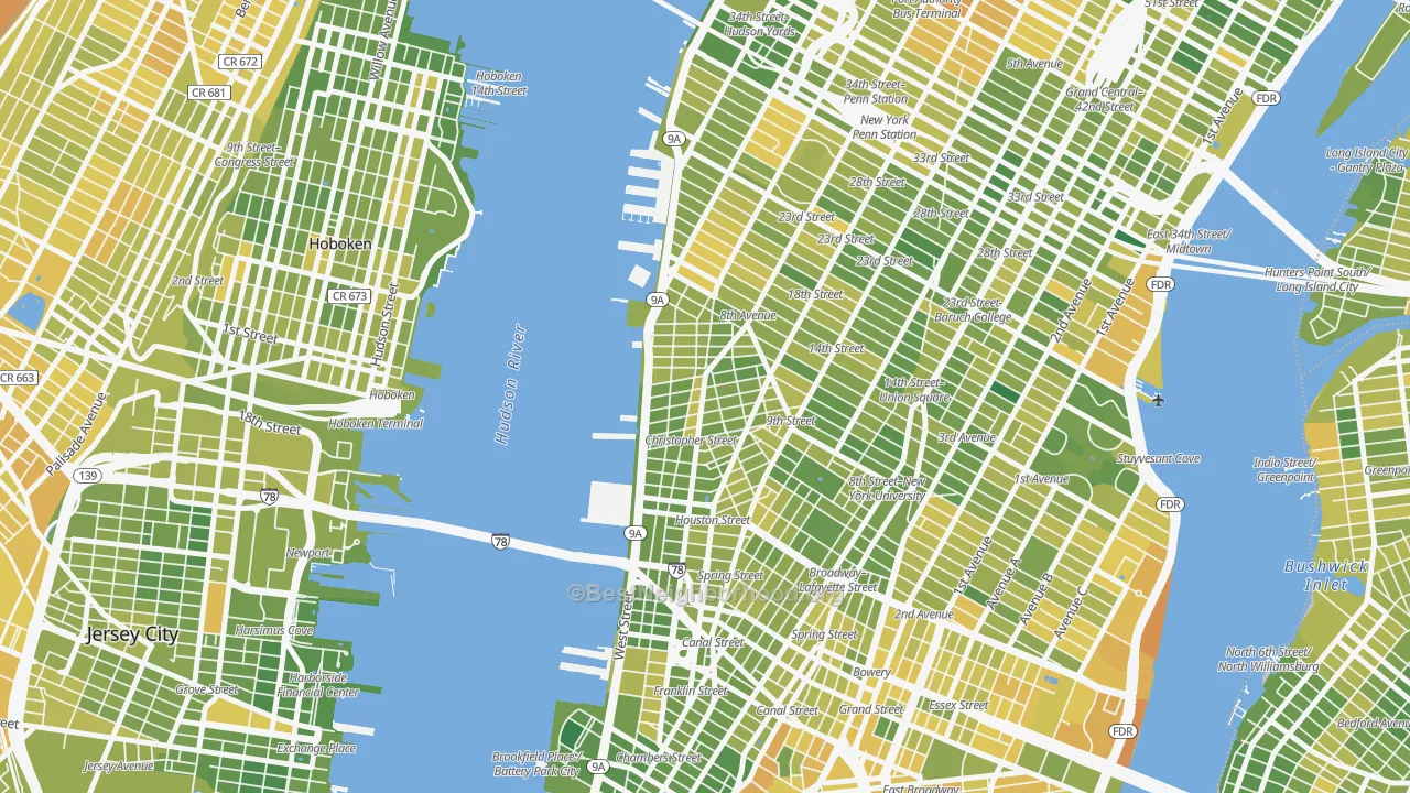 Map of the best neighborhoods in the West Village, Manhattan area, with better matches in green and worse matches in red
