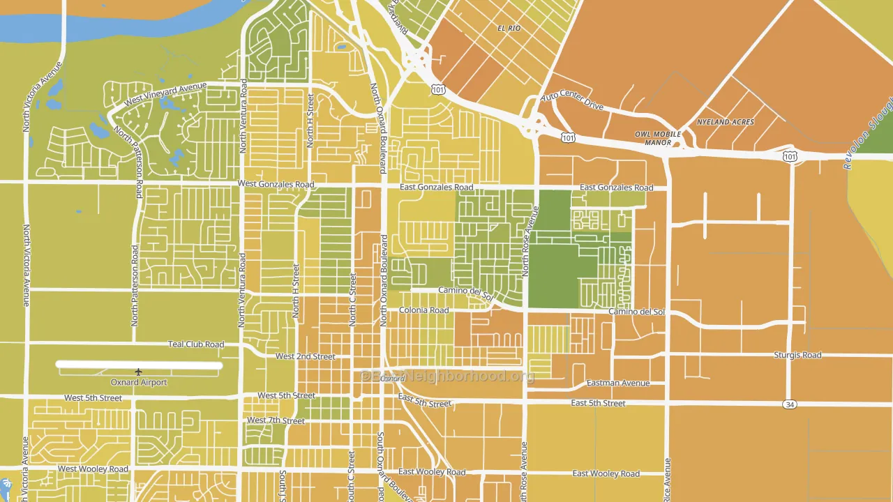 Map of the best neighborhoods in the West Village, Oxnard area, with better matches in green and worse matches in red