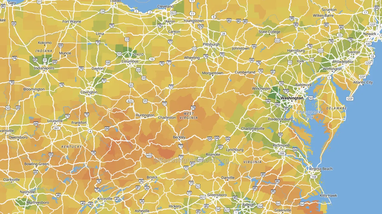Map of the best neighborhoods in the West Virginia area, with better matches in green and worse matches in red