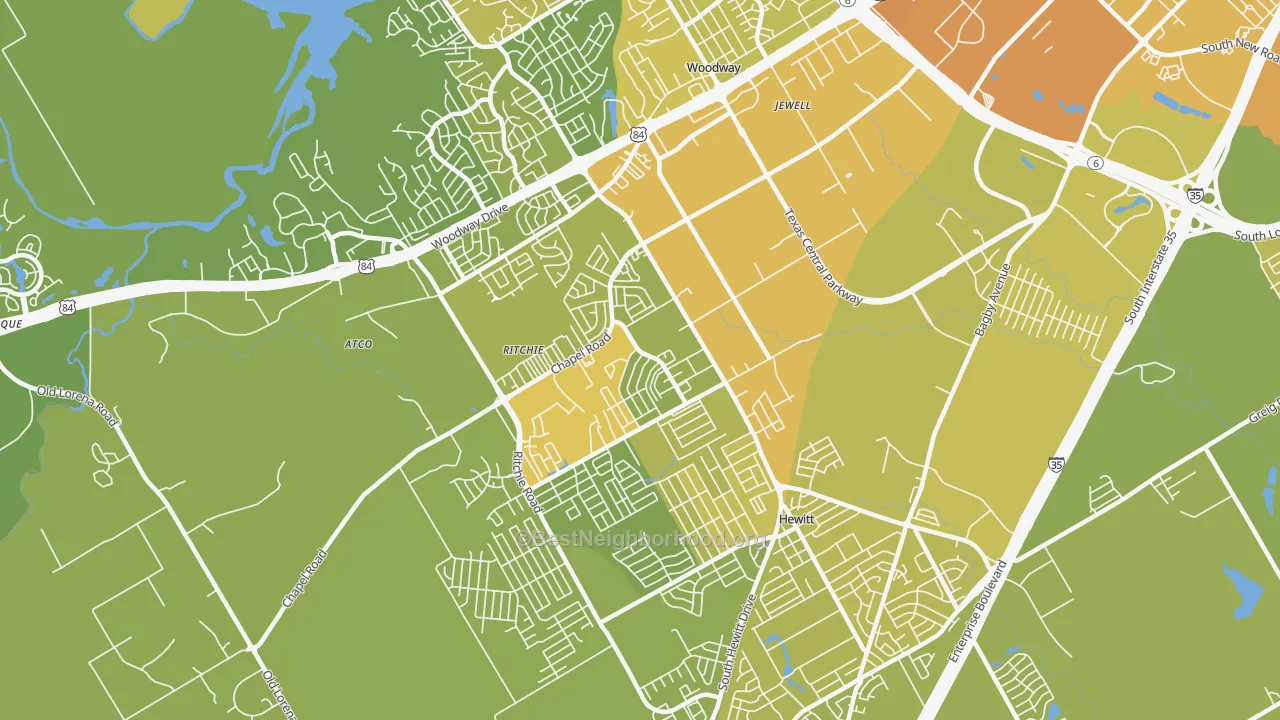 Map of the best neighborhoods in the West Waco, Woodway area, with better matches in green and worse matches in red