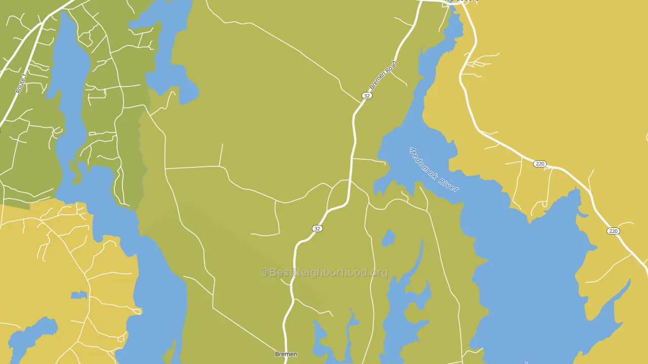 Map of the best neighborhoods in the West Waldoboro area, with better matches in green and worse matches in red