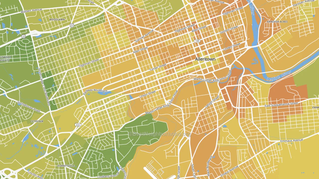 Map of the best neighborhoods in the West Walnut, Allentown area, with better matches in green and worse matches in red