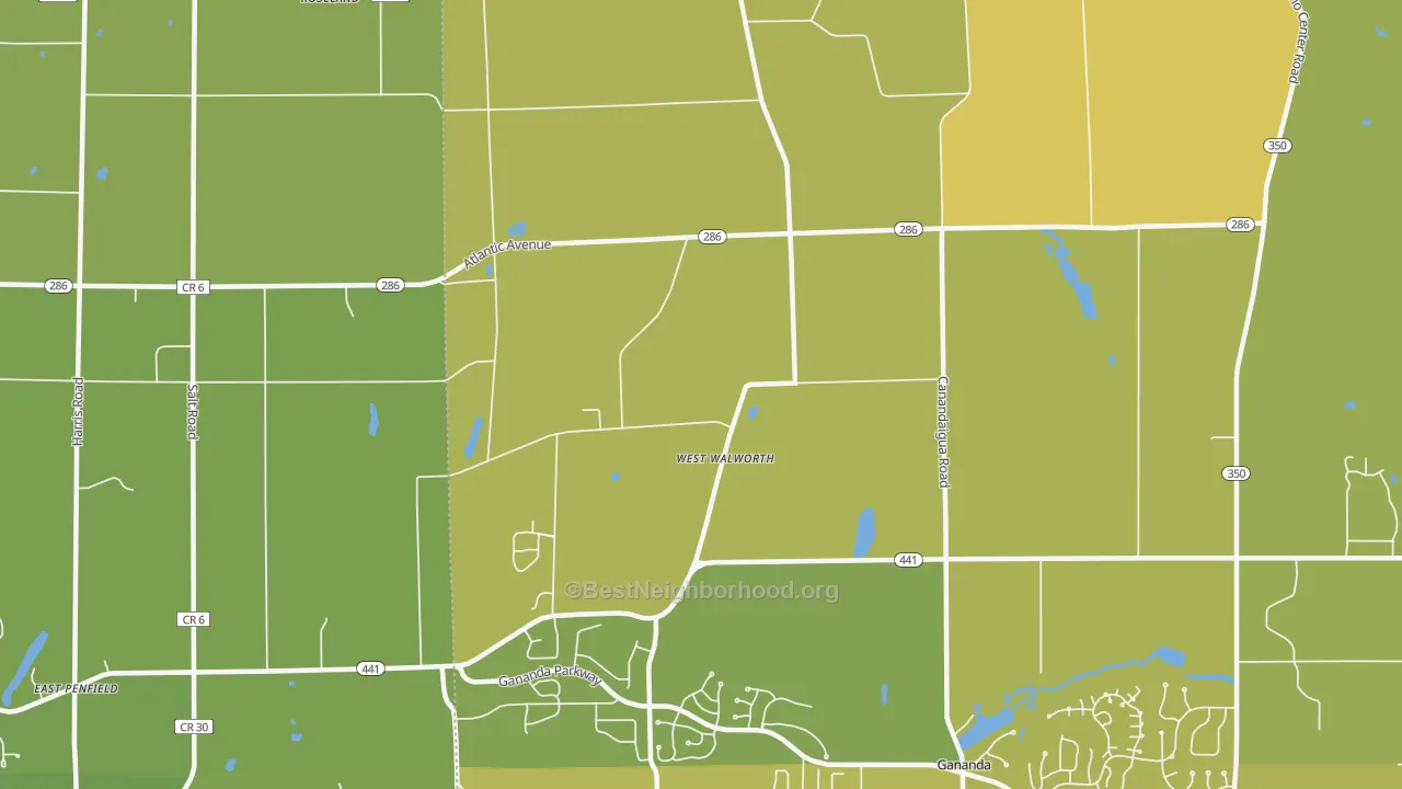 Map of the best neighborhoods in the West Walworth area, with better matches in green and worse matches in red
