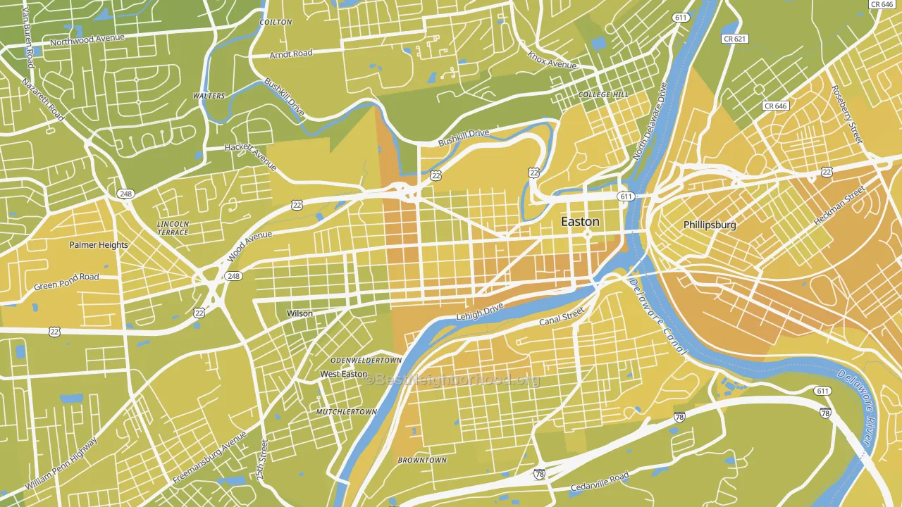 Map of the best neighborhoods in the West Ward, Easton area, with better matches in green and worse matches in red