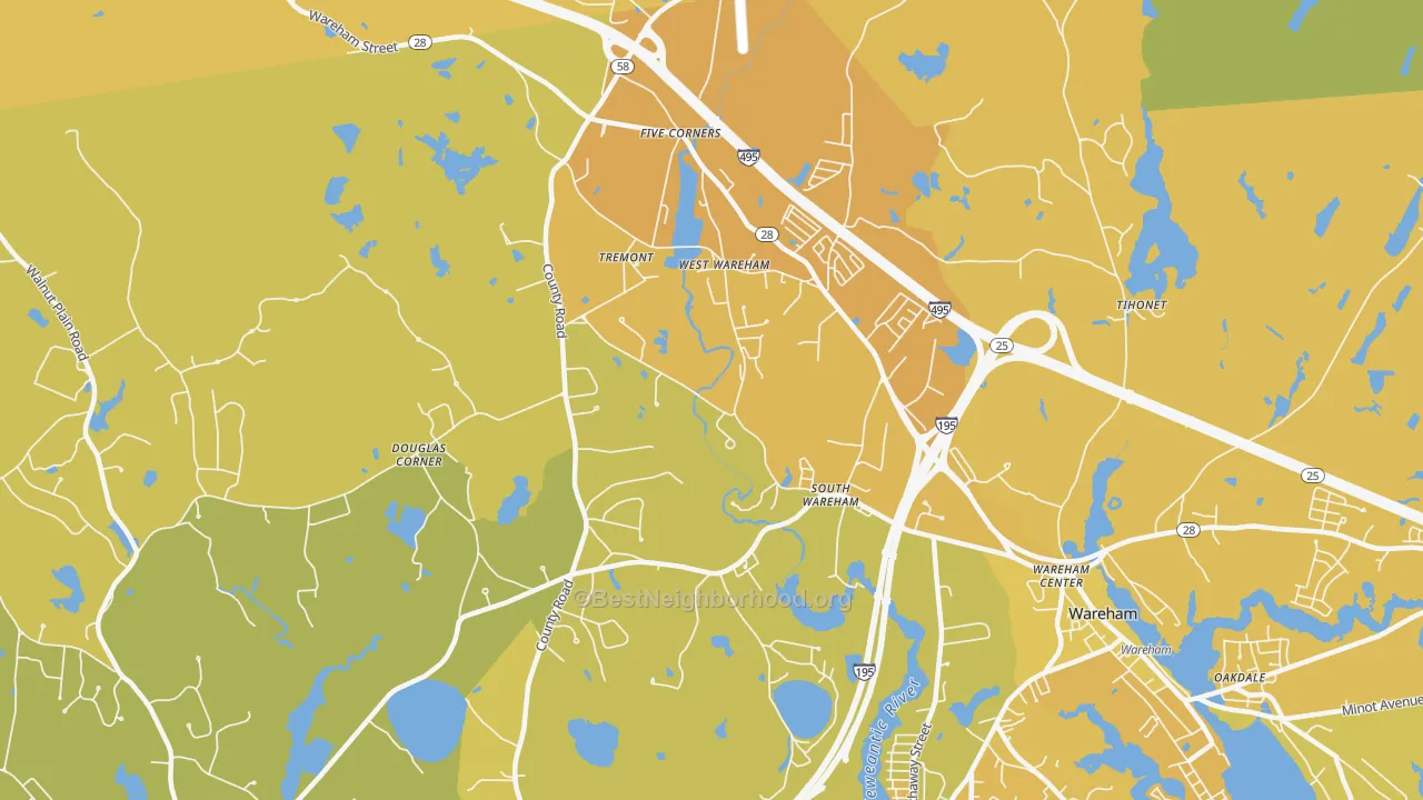 Map of the best neighborhoods in the West Wareham area, with better matches in green and worse matches in red