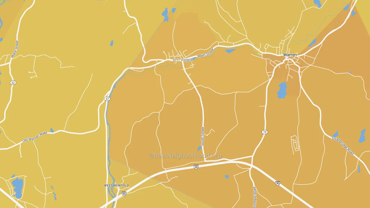 Map of the best neighborhoods in the West Warren area, with better matches in green and worse matches in red