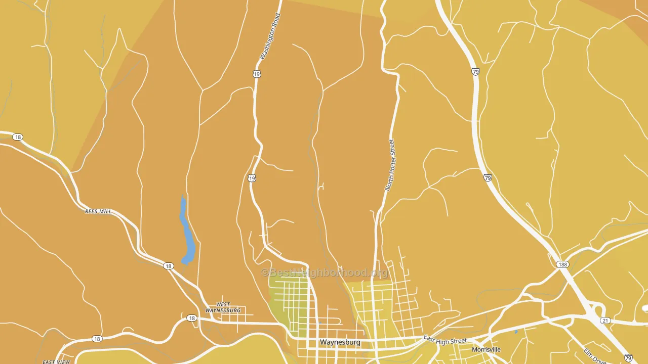 Map of the best neighborhoods in the West Waynesburg area, with better matches in green and worse matches in red