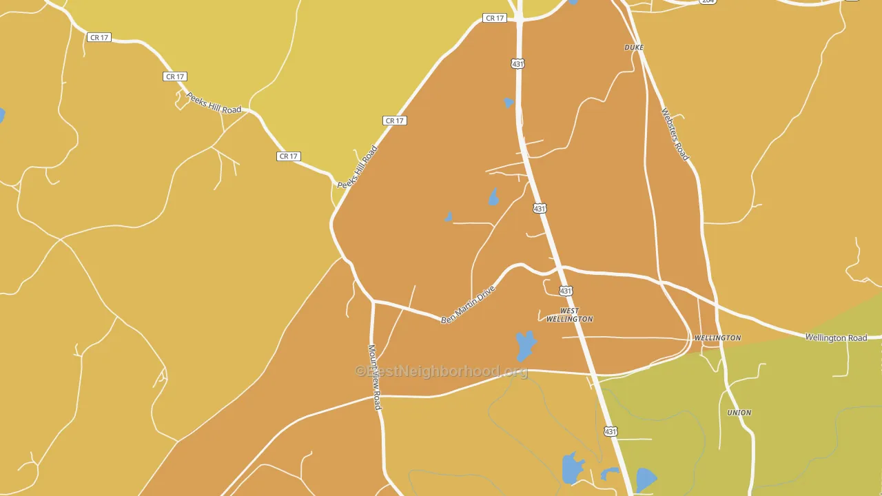 Map of the best neighborhoods in the West Wellington area, with better matches in green and worse matches in red