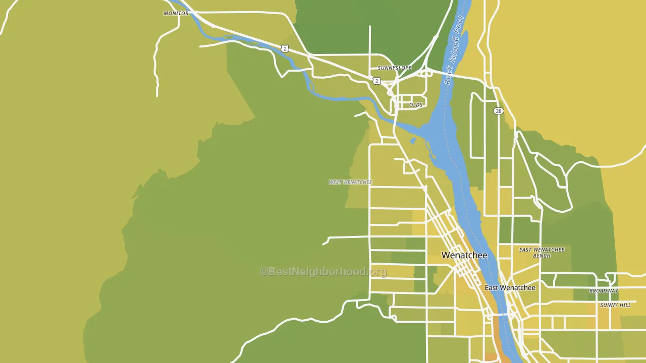 Map of the best neighborhoods in the West Wenatchee area, with better matches in green and worse matches in red
