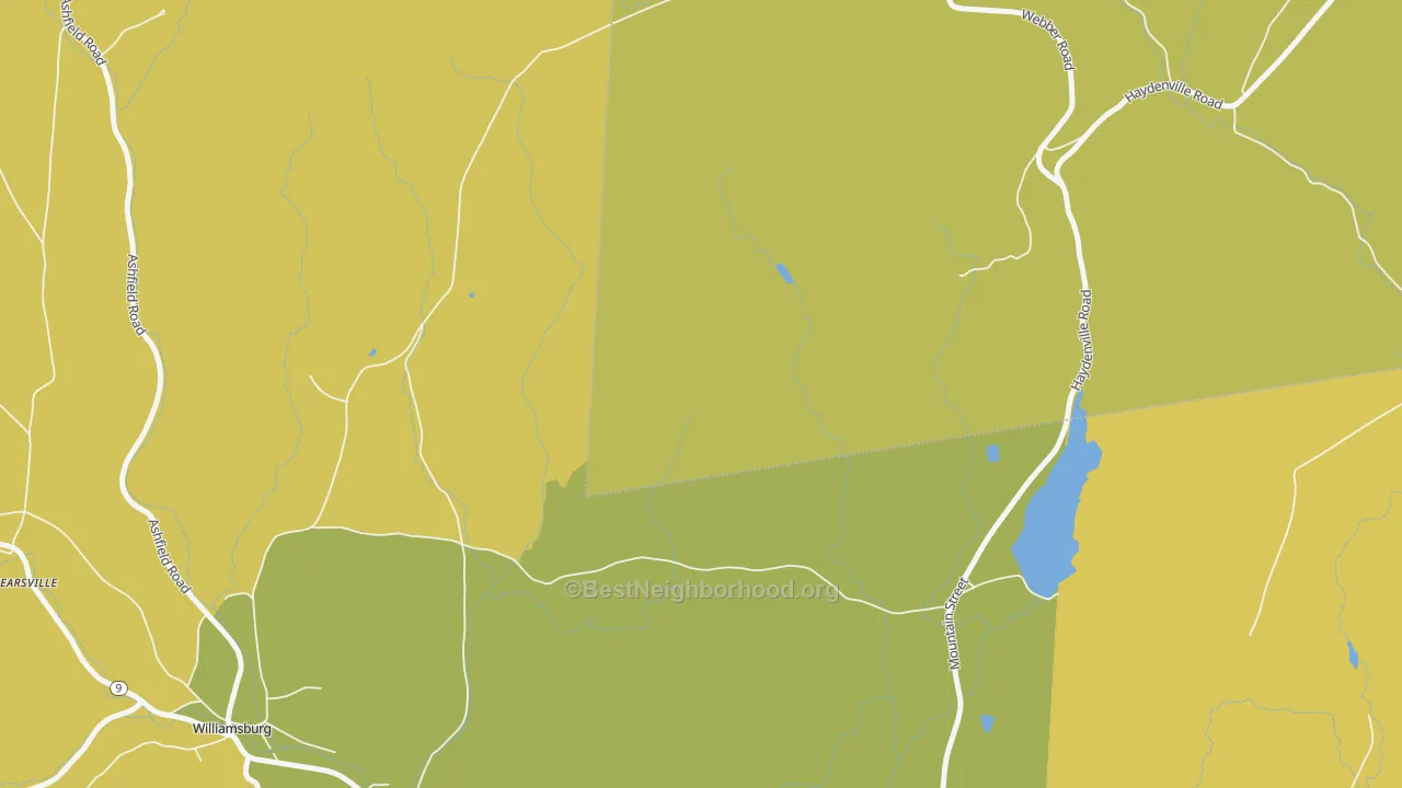 Map of the best neighborhoods in the West Whately area, with better matches in green and worse matches in red