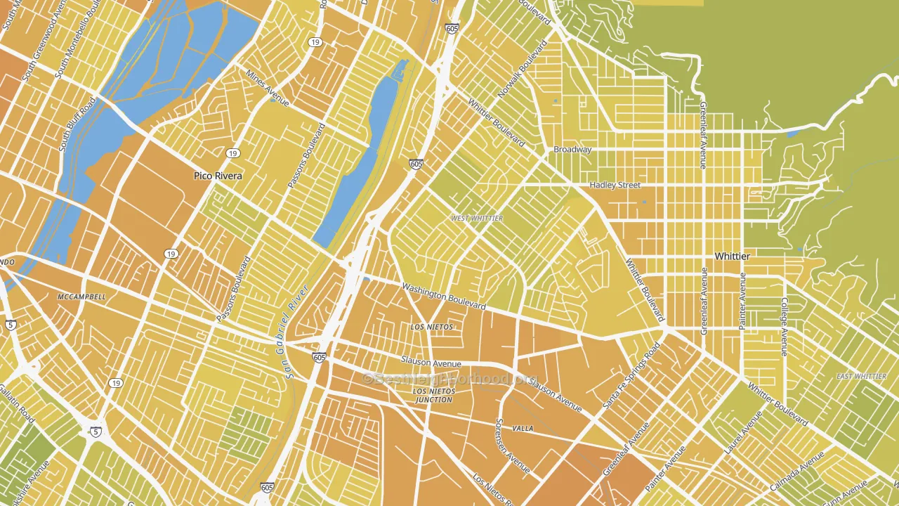Map of the best neighborhoods in the West Whittier-Los Nietos area, with better matches in green and worse matches in red