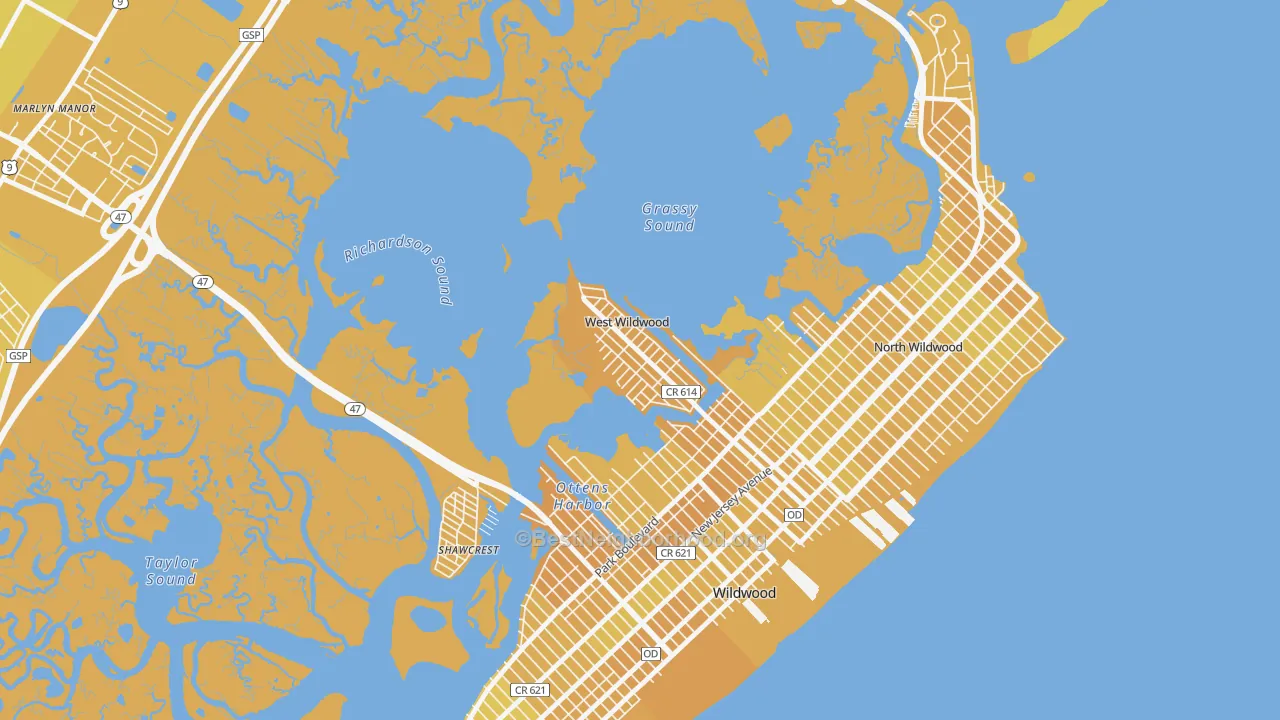 Map of the best neighborhoods in the West Wildwood area, with better matches in green and worse matches in red