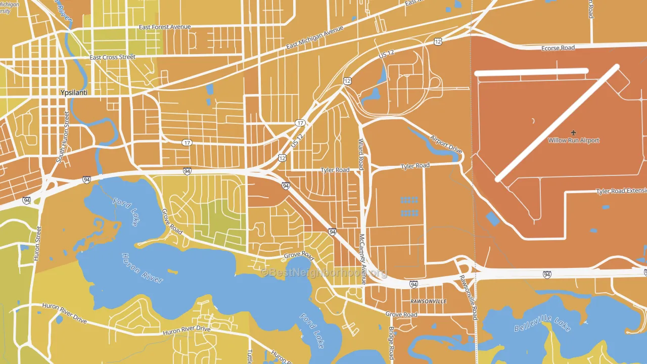 Map of the best neighborhoods in the West Willow, Ypsilanti area, with better matches in green and worse matches in red
