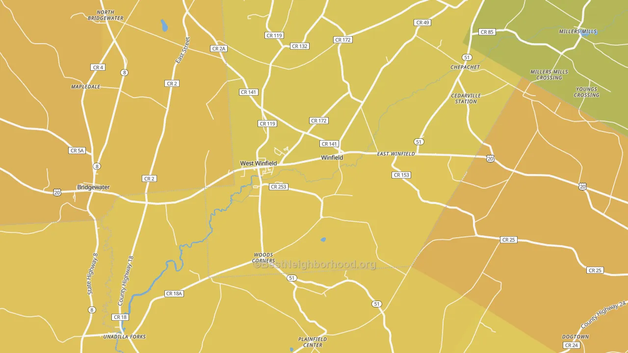 Map of the best neighborhoods in the West Winfield area, with better matches in green and worse matches in red