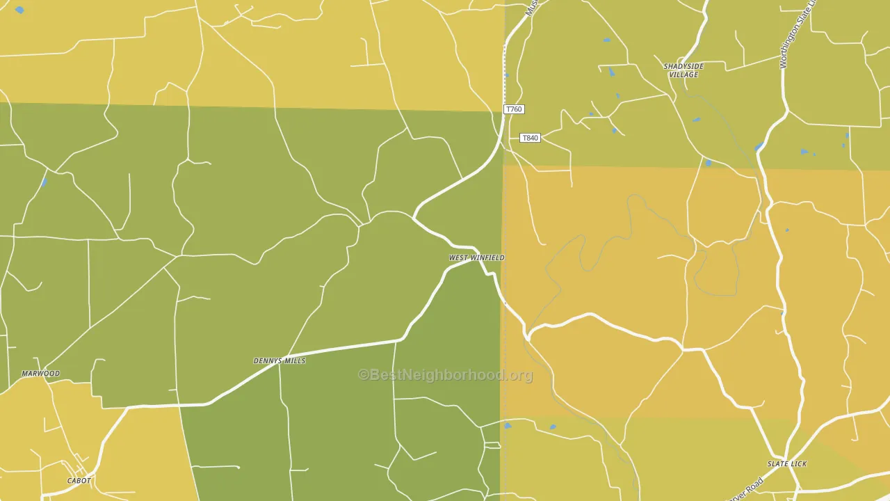 Map of the best neighborhoods in the West Winfield area, with better matches in green and worse matches in red