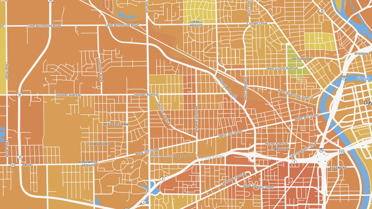 Map of the best neighborhoods in the West Wood, Dayton area, with better matches in green and worse matches in red
