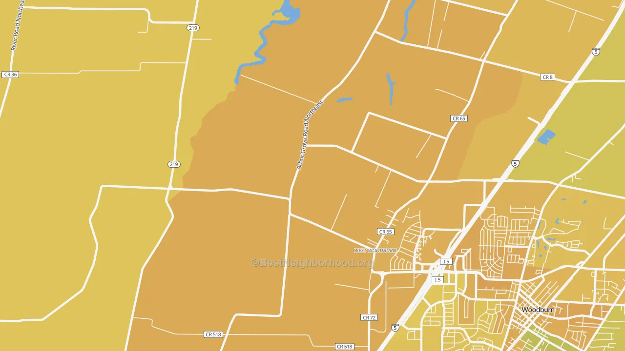 Map of the best neighborhoods in the West Woodburn area, with better matches in green and worse matches in red