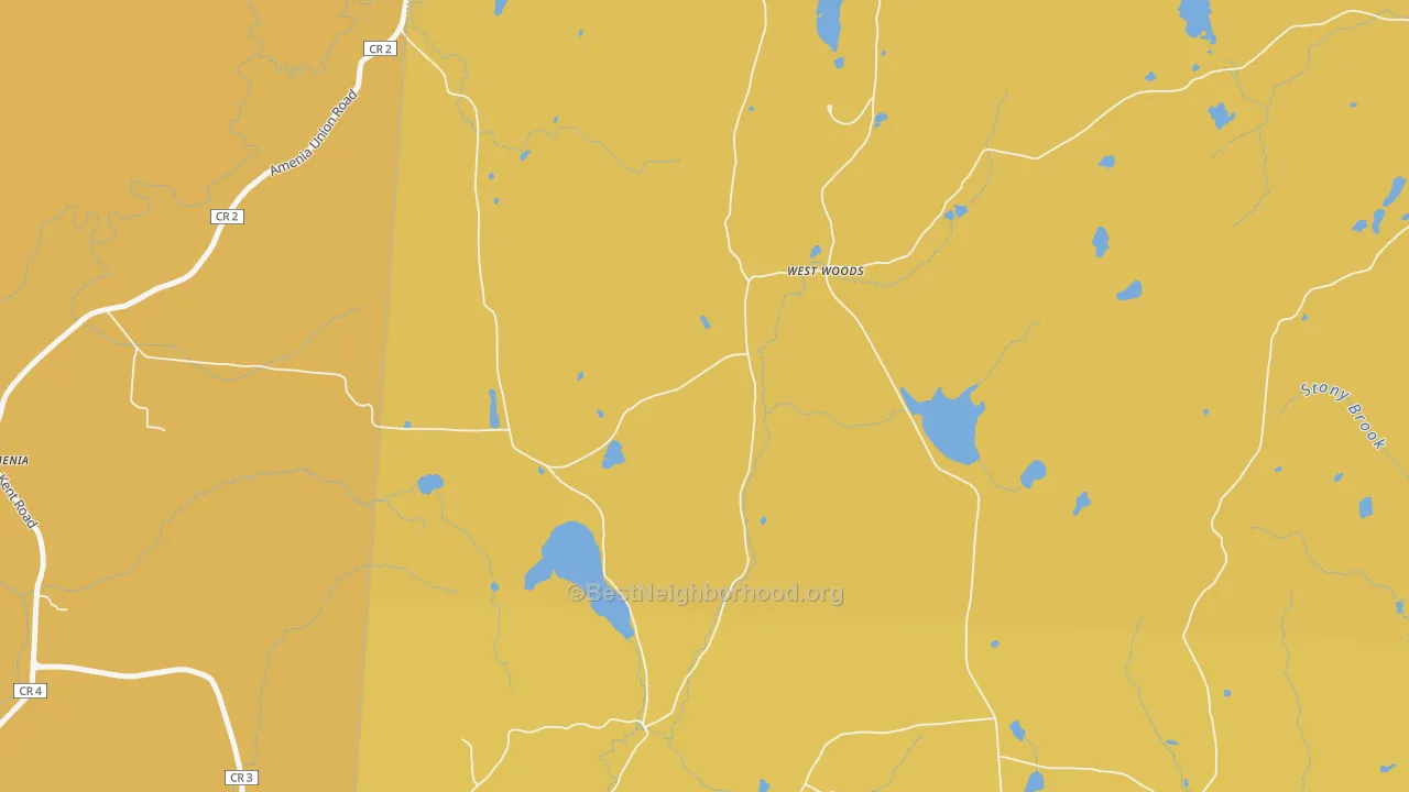 Map of the best neighborhoods in the West Woods area, with better matches in green and worse matches in red