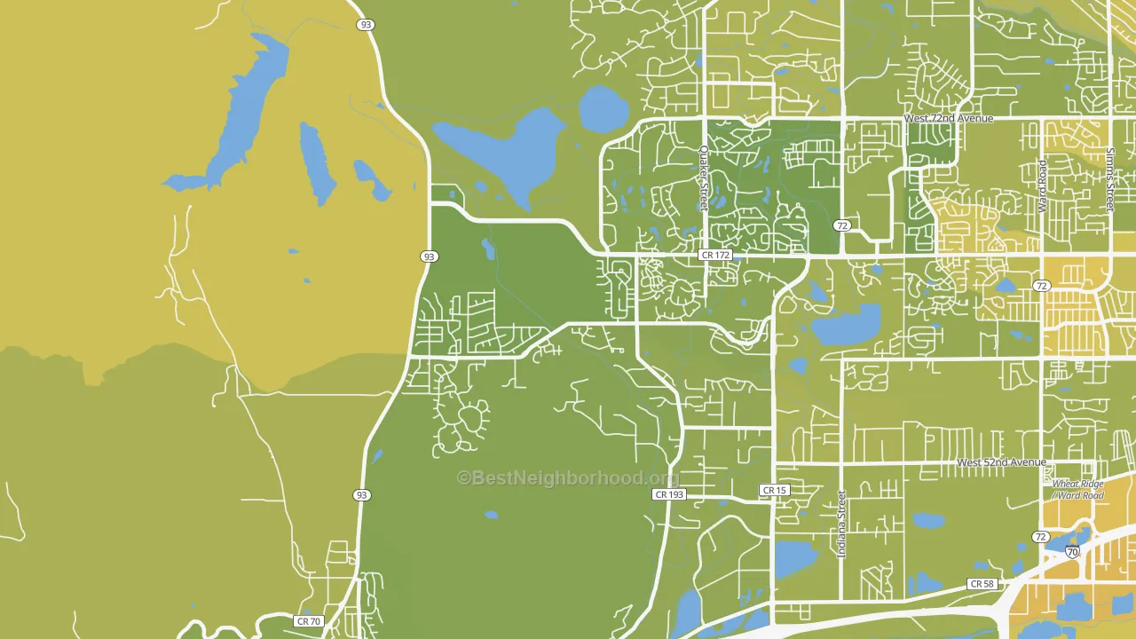 Map of the best neighborhoods in the West Woods, Golden area, with better matches in green and worse matches in red