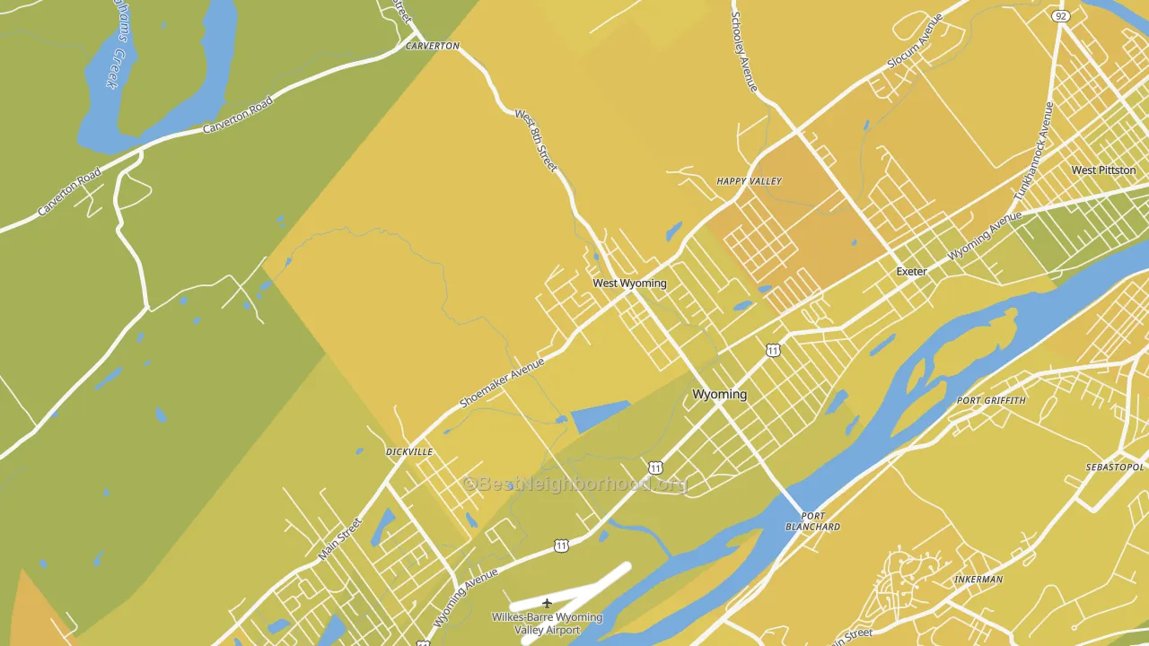 Map of the best neighborhoods in the West Wyoming area, with better matches in green and worse matches in red