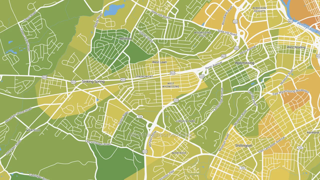 Map of the best neighborhoods in the West Wyomissing area, with better matches in green and worse matches in red