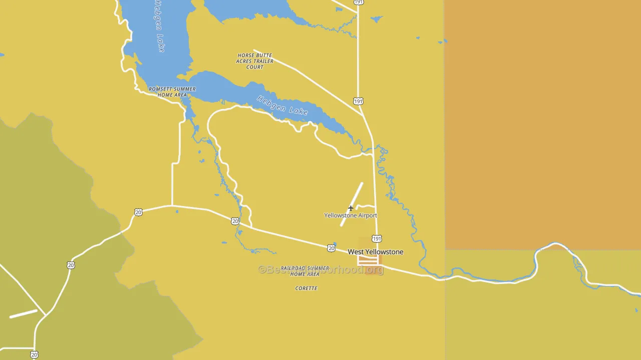 Map of the best neighborhoods in the West Yellowstone area, with better matches in green and worse matches in red