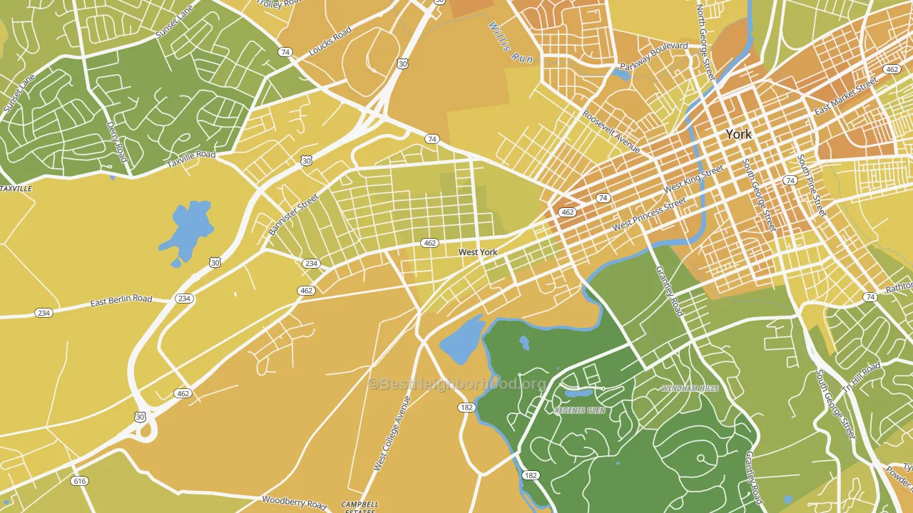 Map of the best neighborhoods in the West York area, with better matches in green and worse matches in red