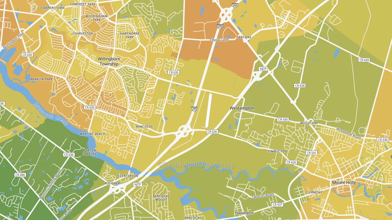 Map of the best neighborhoods in the Westampton area, with better matches in green and worse matches in red