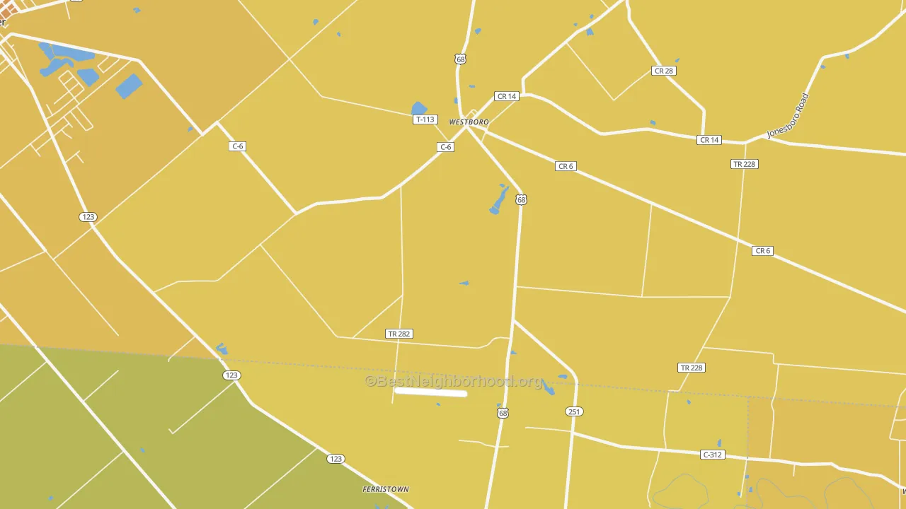Map of the best neighborhoods in the Westboro area, with better matches in green and worse matches in red