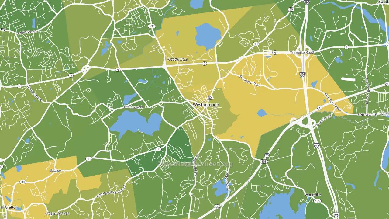 Map of the best neighborhoods in the Westborough area, with better matches in green and worse matches in red