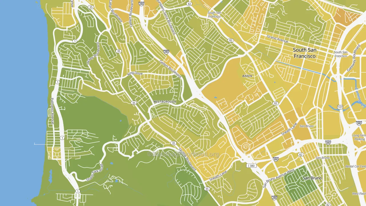 Map of the best neighborhoods in the Westborough, South San Francisco area, with better matches in green and worse matches in red
