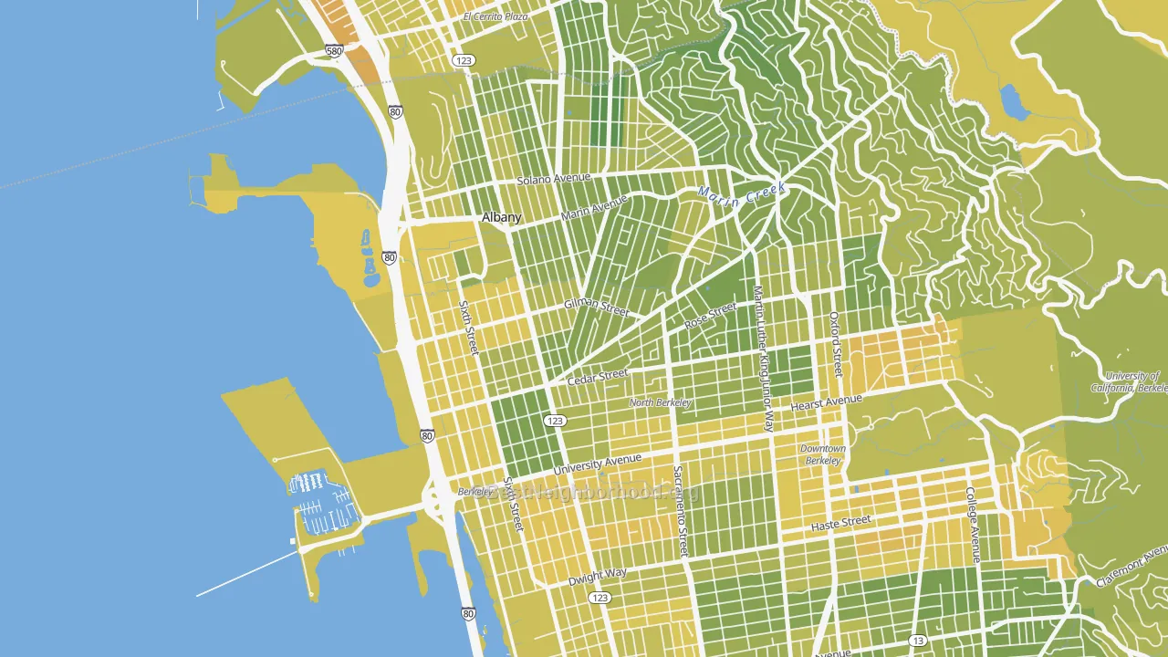 Map of the best neighborhoods in the Westbrae, Berkeley area, with better matches in green and worse matches in red