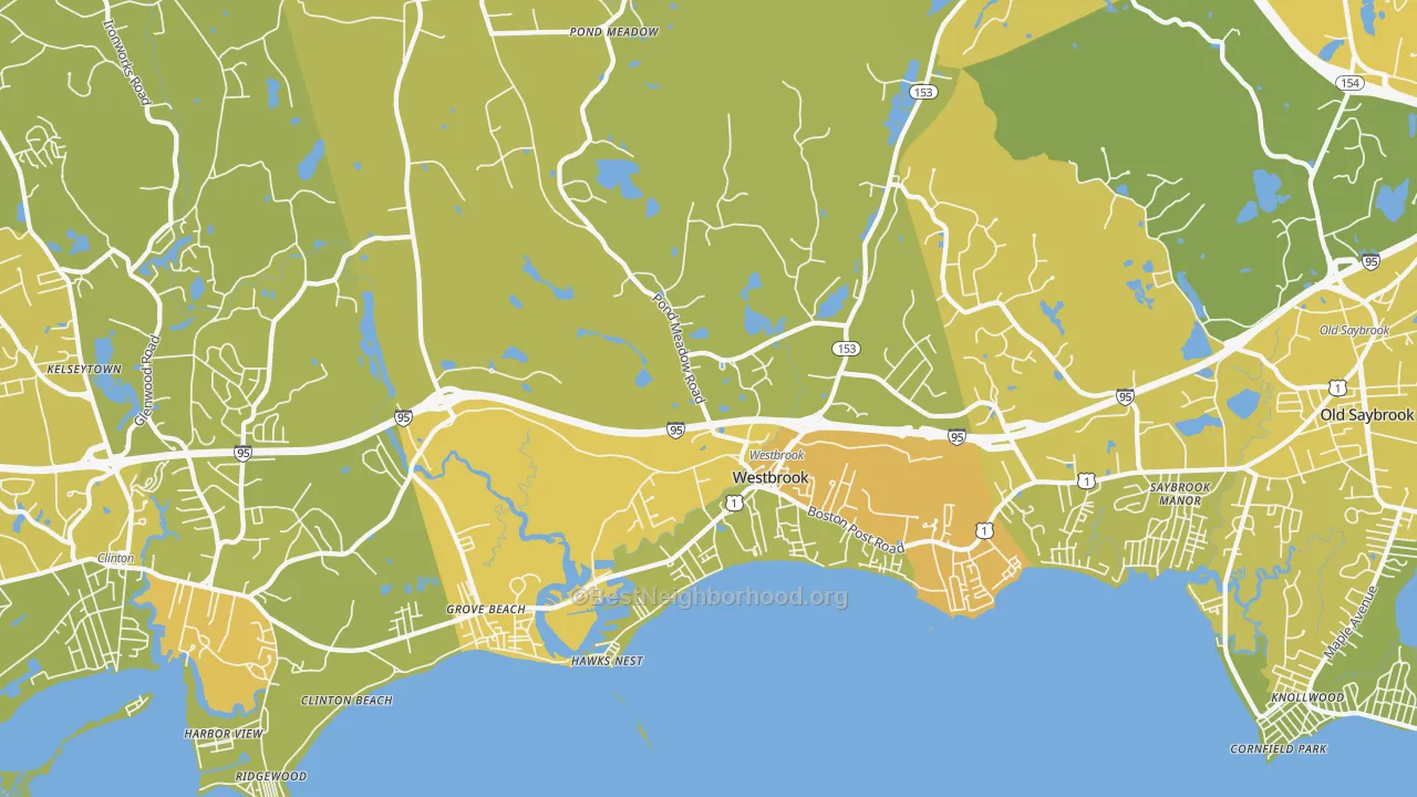 Map of the best neighborhoods in the Westbrook area, with better matches in green and worse matches in red