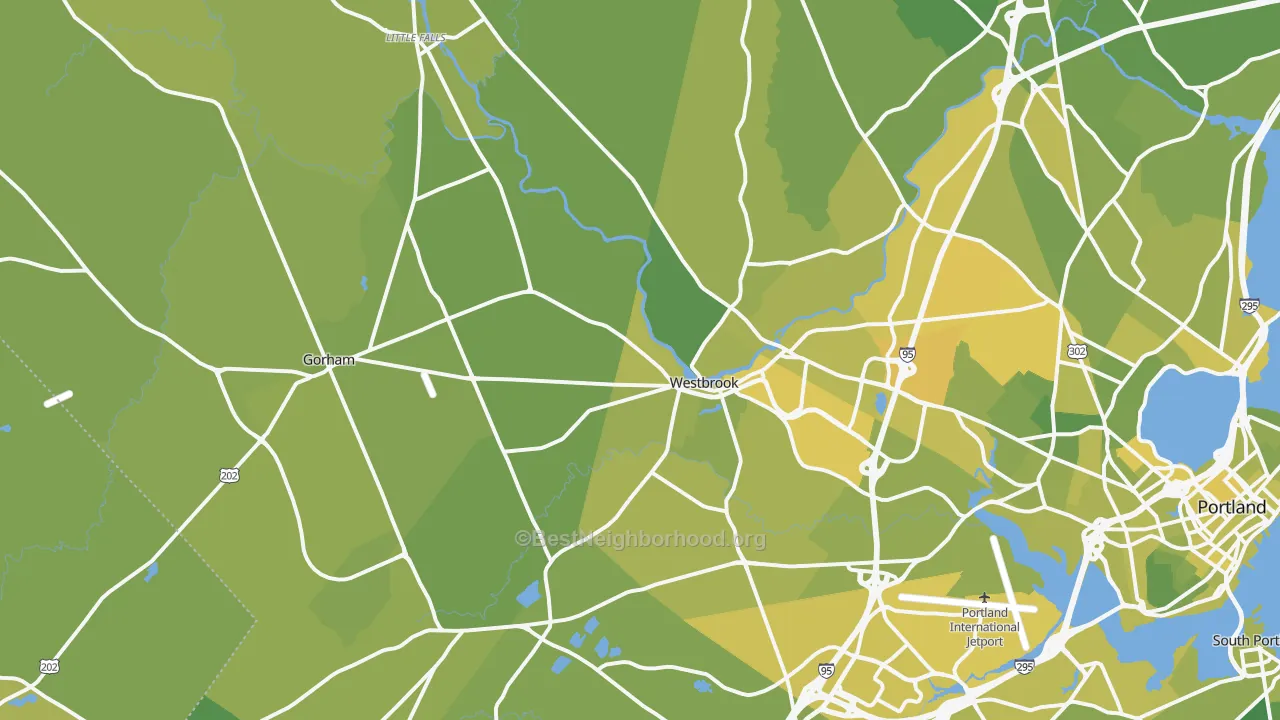 Map of the best neighborhoods in the Westbrook area, with better matches in green and worse matches in red