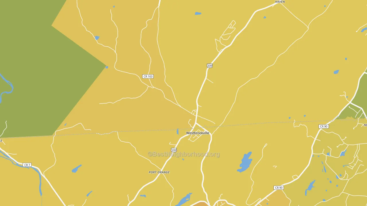 Map of the best neighborhoods in the Westbrookville area, with better matches in green and worse matches in red