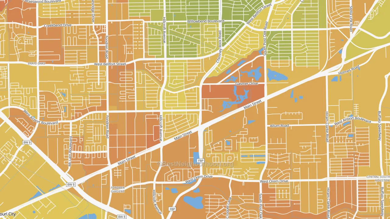 Map of the best neighborhoods in the Westbury, Houston area, with better matches in green and worse matches in red