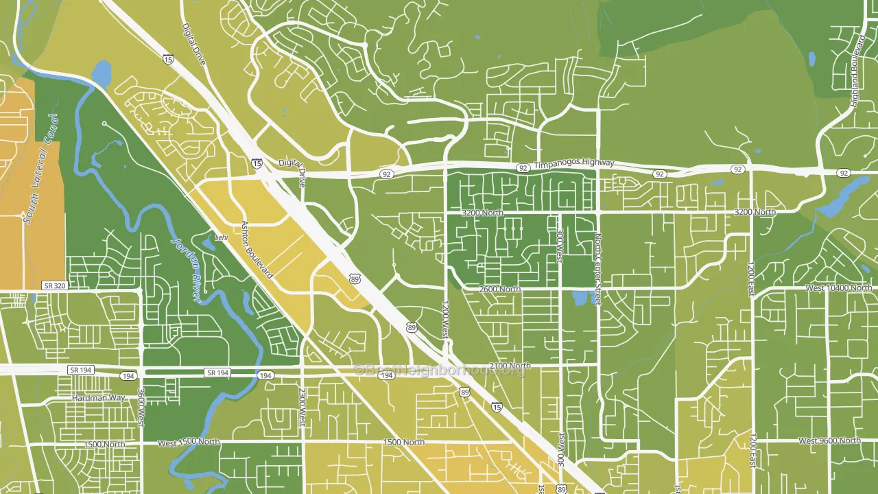 Map of the best neighborhoods in the Westbury, Lehi area, with better matches in green and worse matches in red