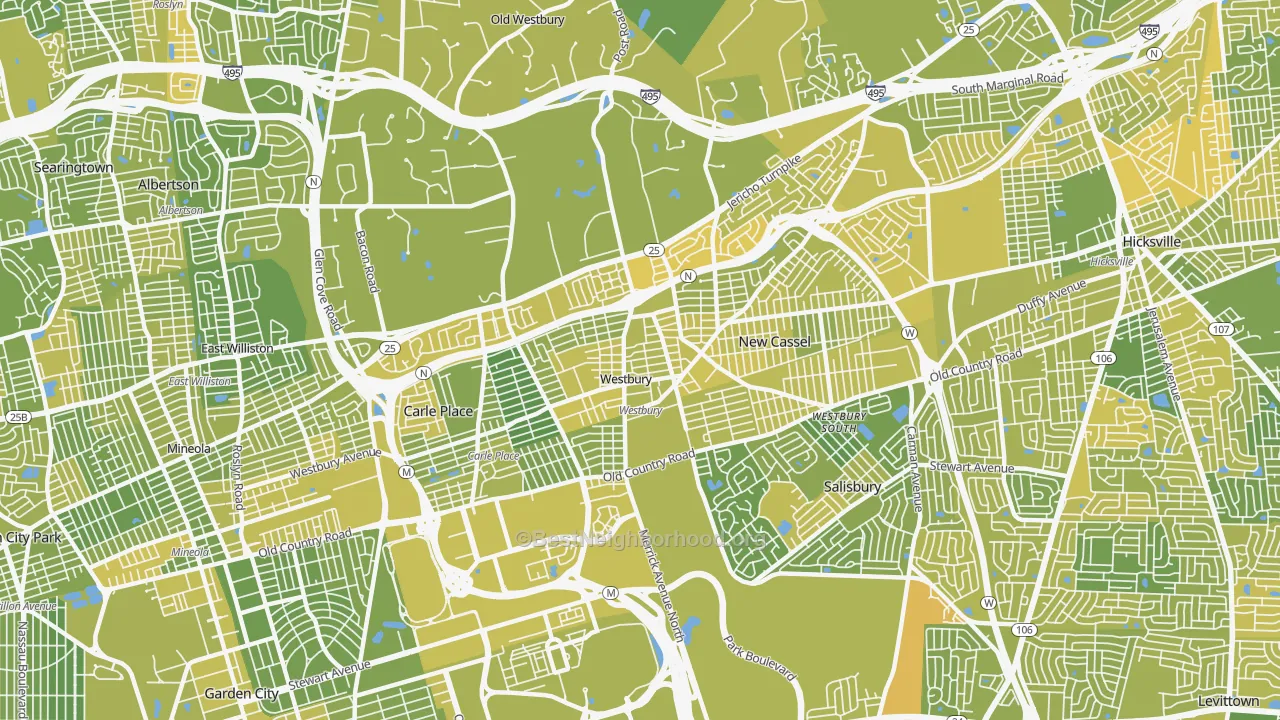 Map of the best neighborhoods in the Westbury area, with better matches in green and worse matches in red