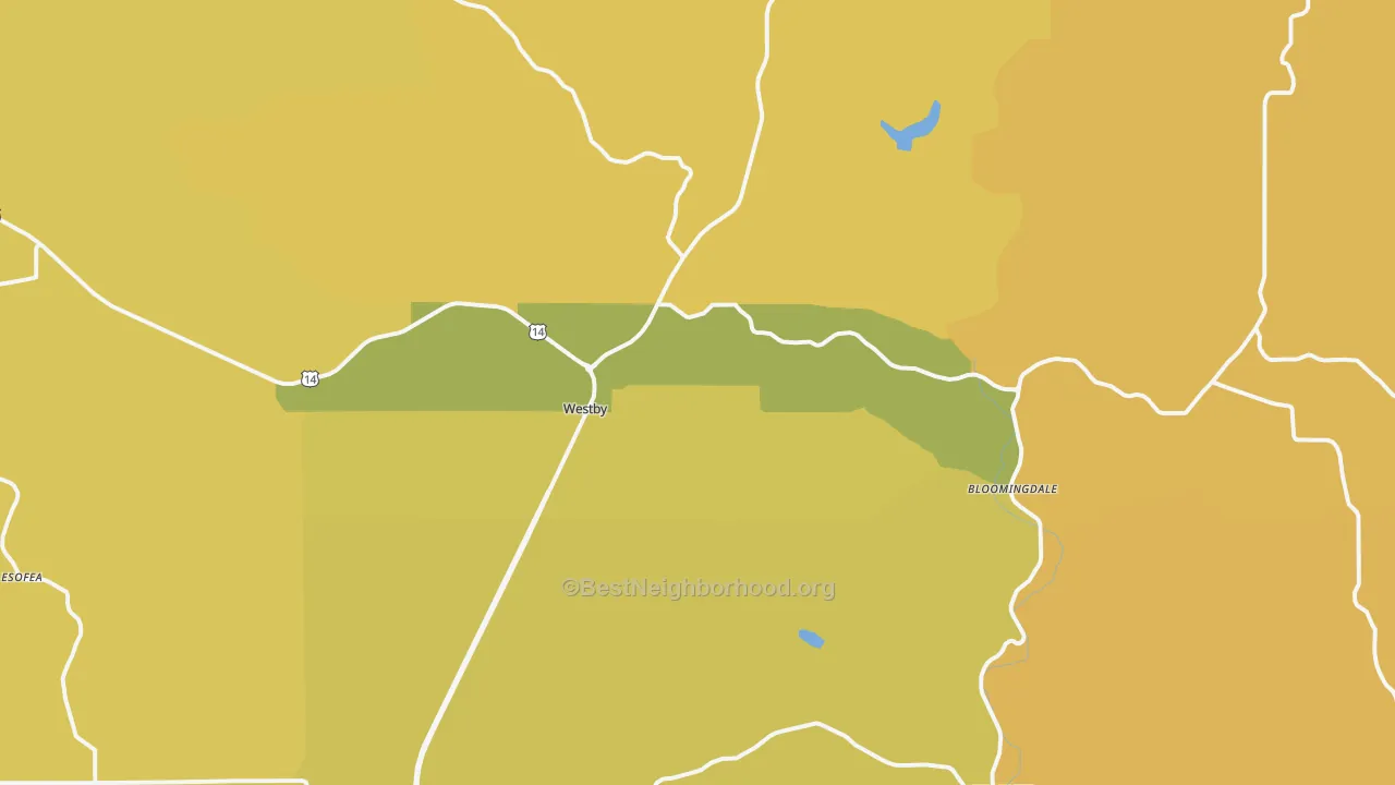 Map of the best neighborhoods in the Westby area, with better matches in green and worse matches in red