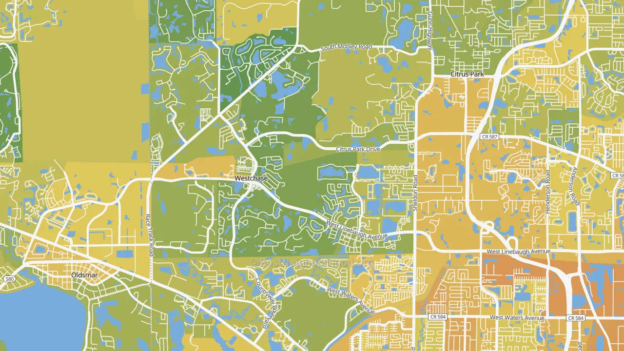 Map of the best neighborhoods in the Westchase area, with better matches in green and worse matches in red