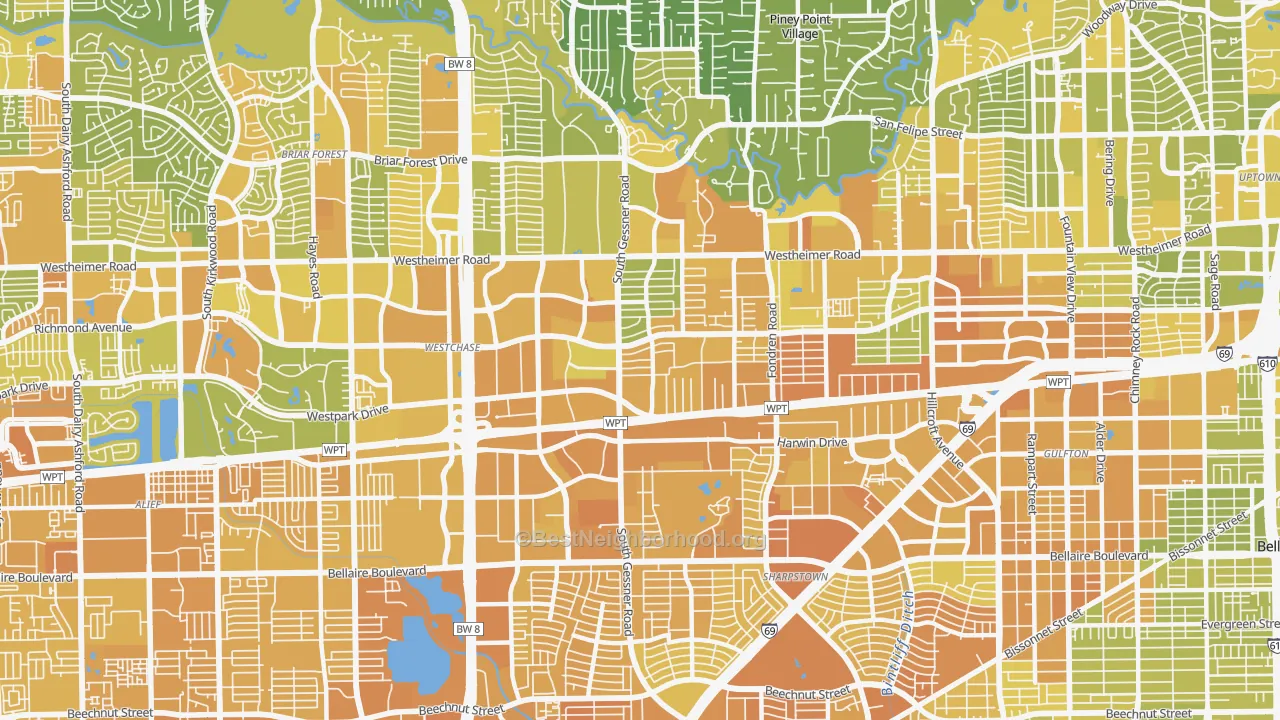 Map of the best neighborhoods in the Westchase, Houston area, with better matches in green and worse matches in red