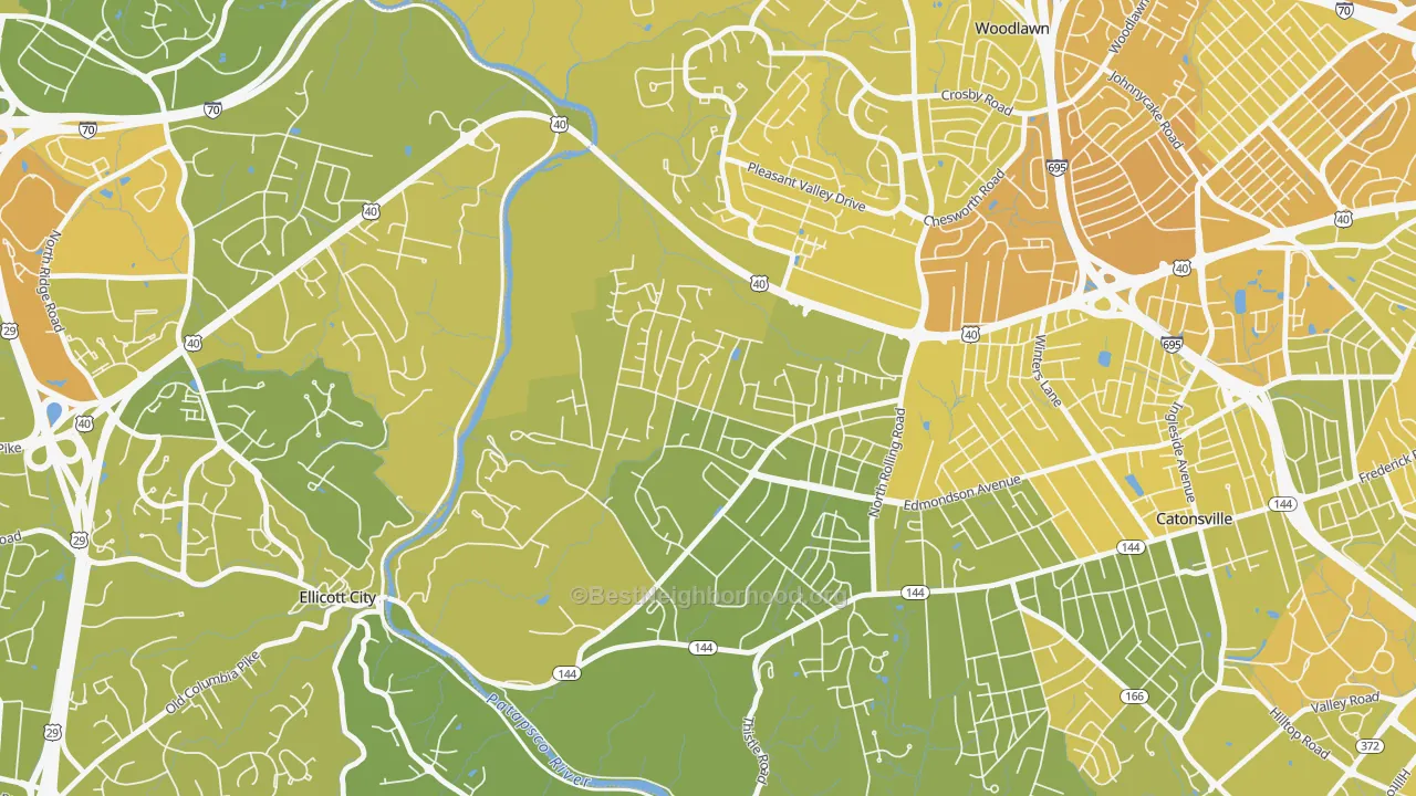 Map of the best neighborhoods in the Westchester, Catonsville area, with better matches in green and worse matches in red