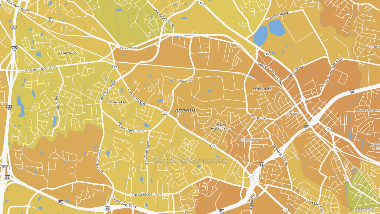 Map of the best neighborhoods in the Westchester, Charlotte area, with better matches in green and worse matches in red