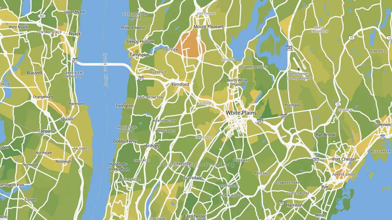 Map of the best neighborhoods in the Westchester County area, with better matches in green and worse matches in red