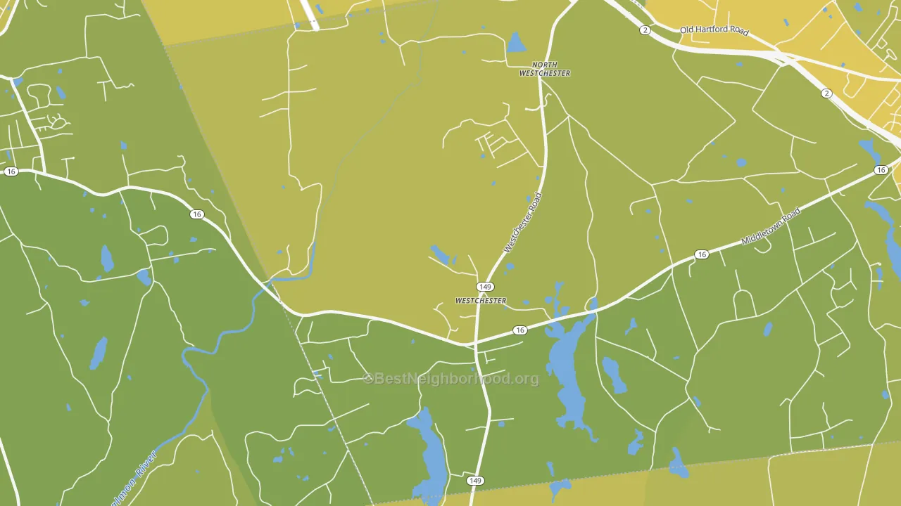 Map of the best neighborhoods in the Westchester area, with better matches in green and worse matches in red