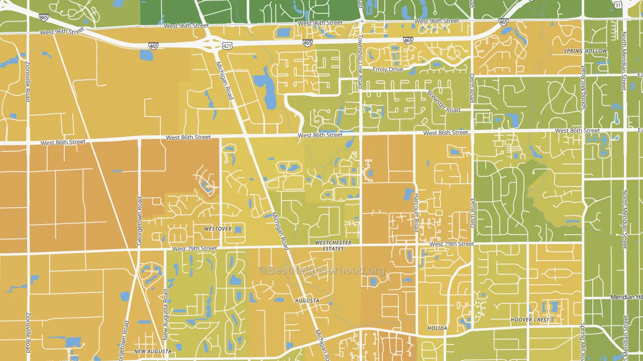 Map of the best neighborhoods in the Westchester Estates, Indianapolis area, with better matches in green and worse matches in red